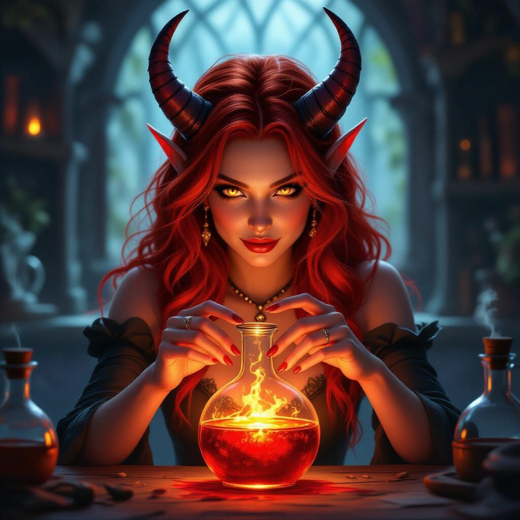Demoness Brews Glowing Potion in Fantasy Workshop