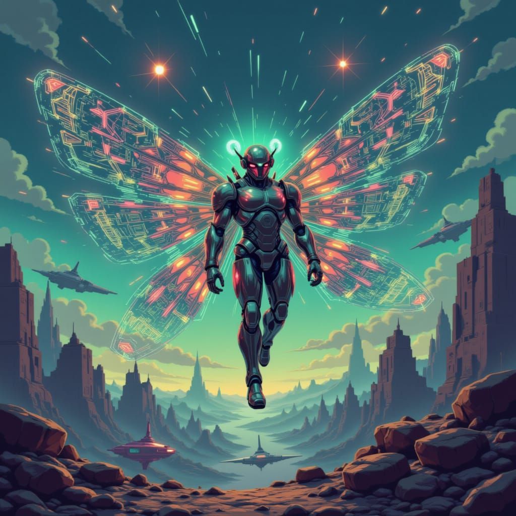 Cybernetic Fairy Soaring Over Alien Wasteland