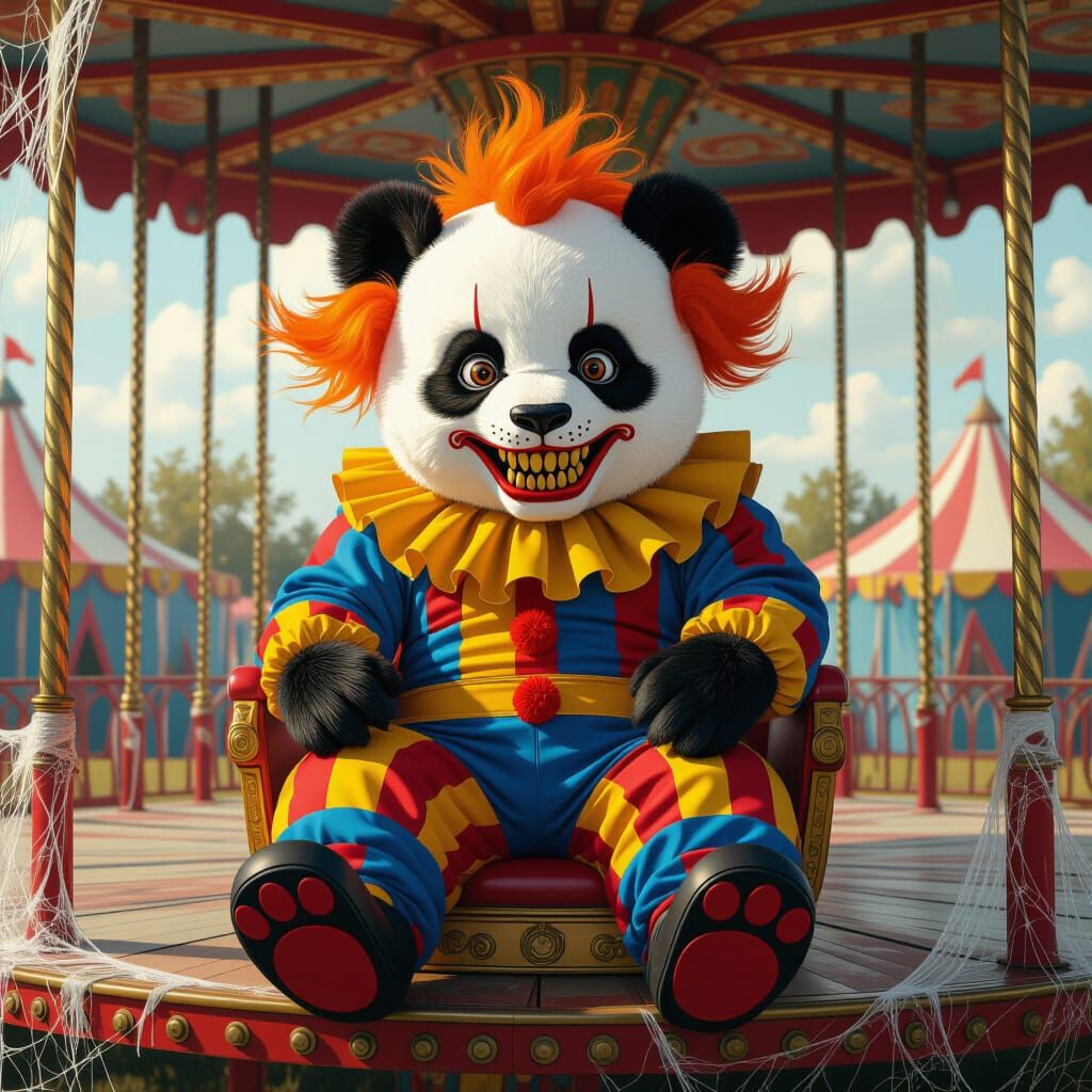 Creepy Clown Panda on Vintage Carousel