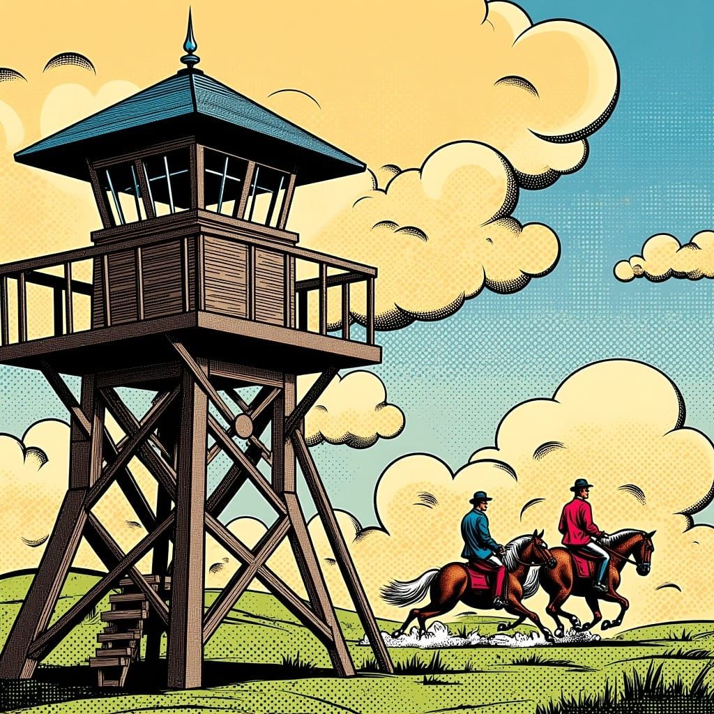 Vintage Comic Riders Approaching Watchtower