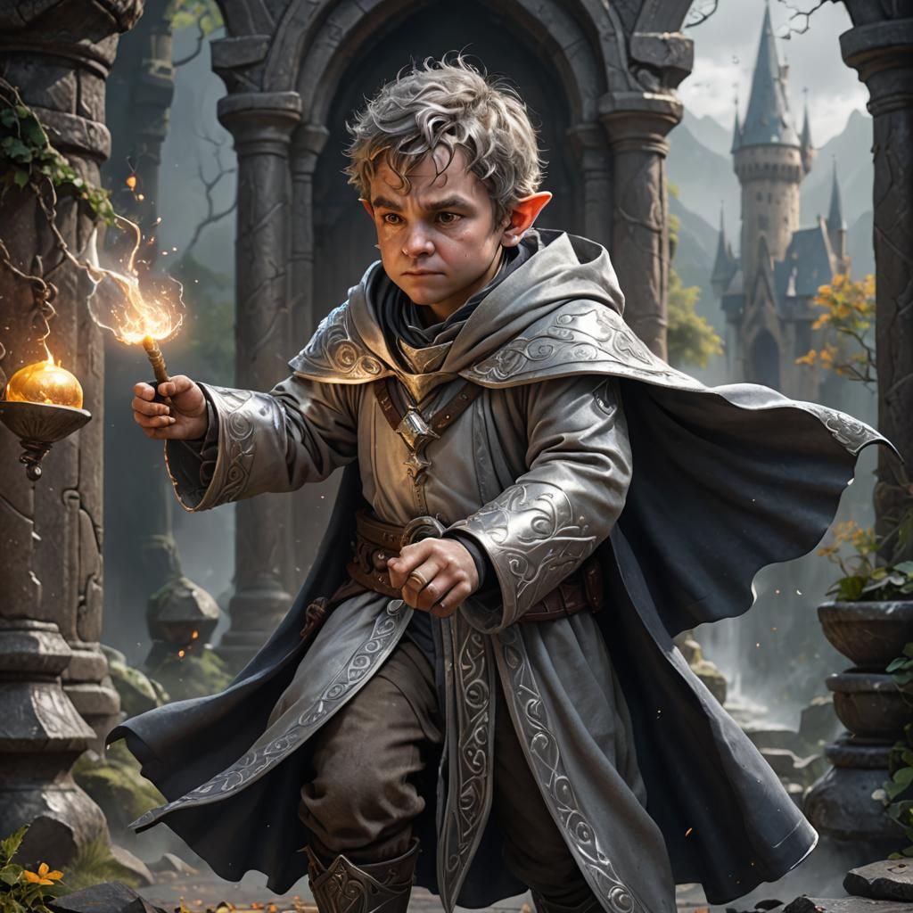 A male halfling wizard wearing silver robes with grey trim, casting a protection spell.