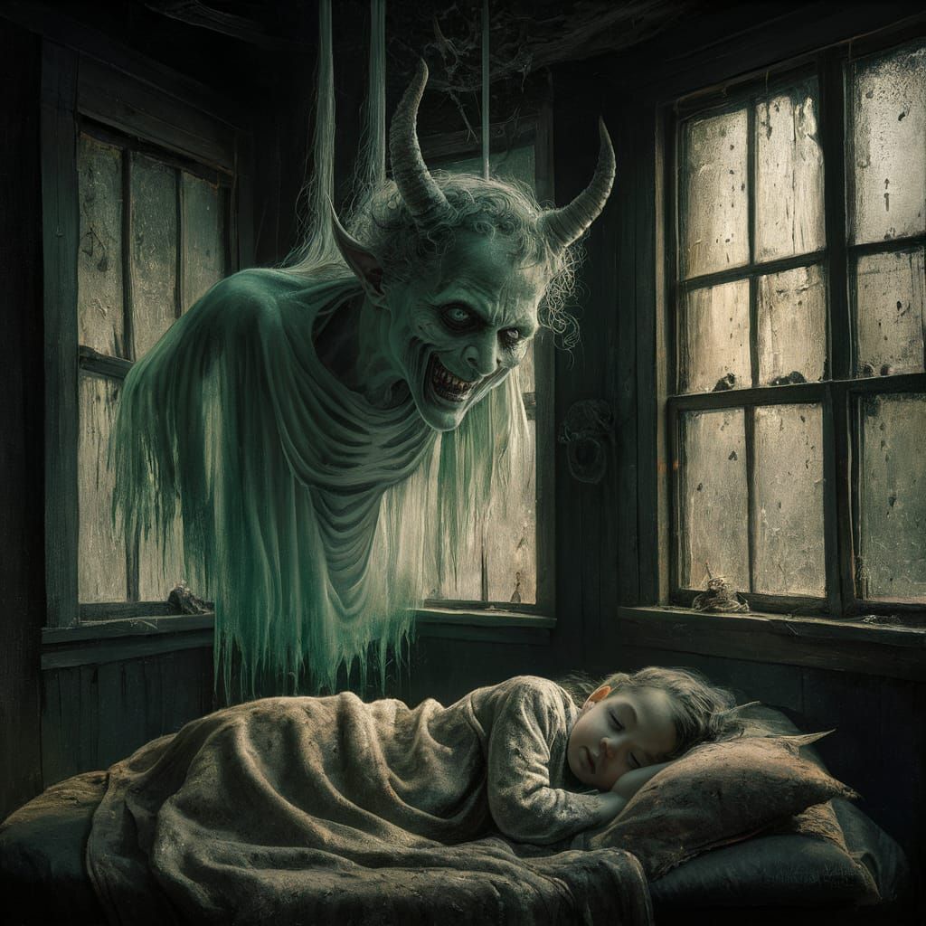 Haunting Gothic Home with Ghostly Apparition in Oil