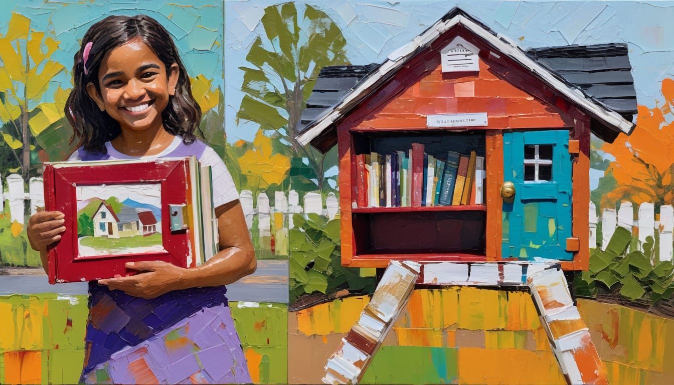 Joyful Indian Girl at Vibrant Little Free Library