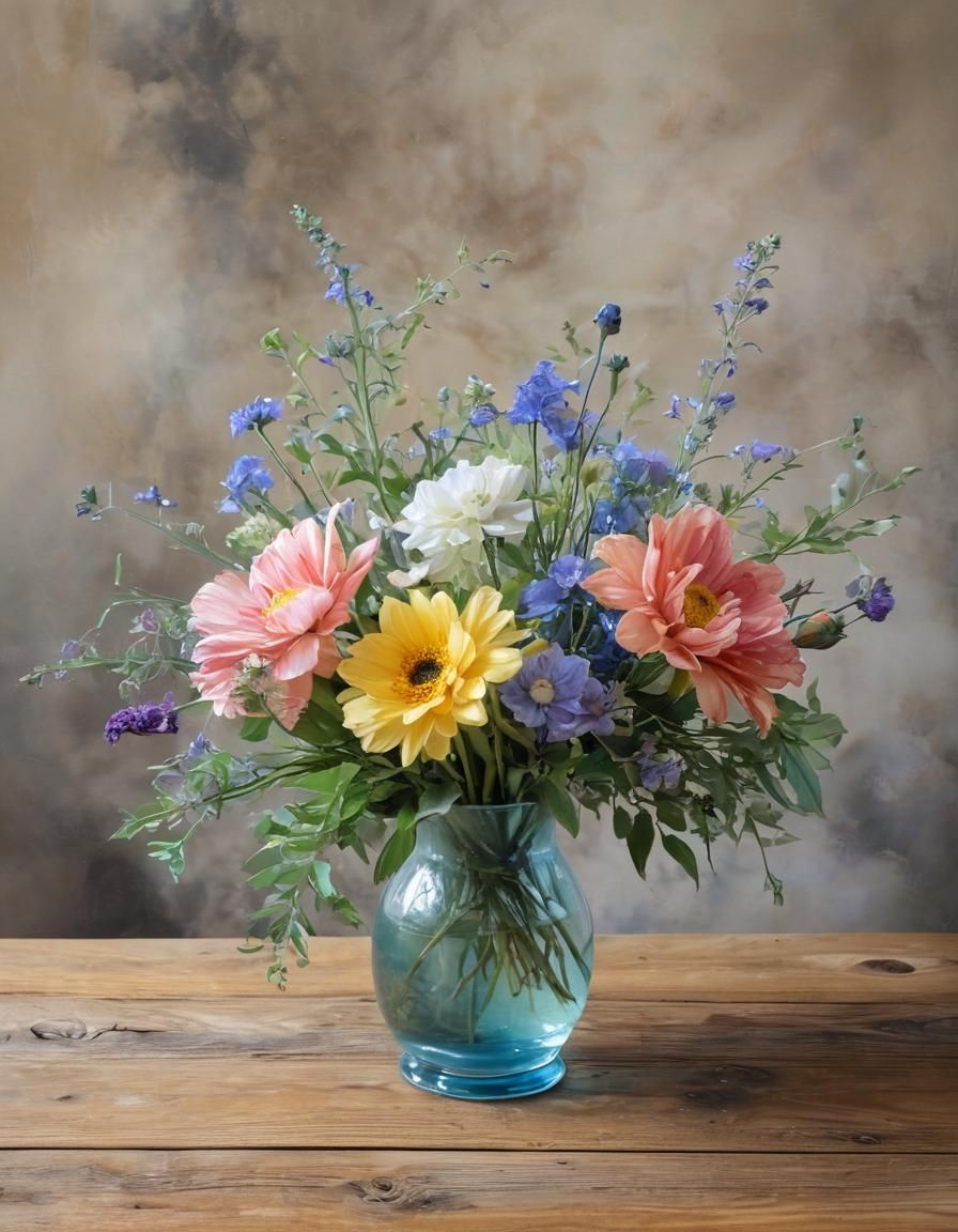 A beautiful still-life flower arrangement on a wooden table.
