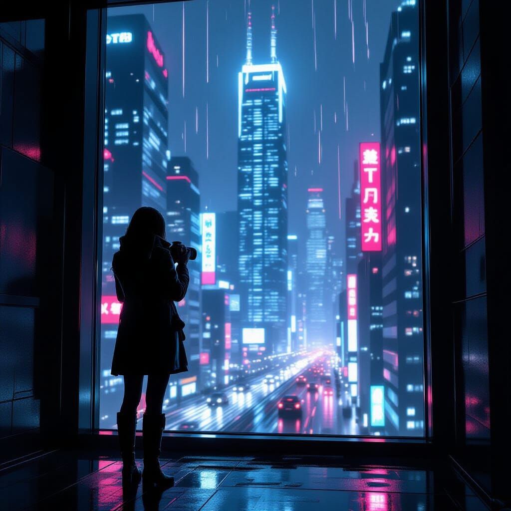 Futuristic Reporter Gazes Over Neon Cityscape
