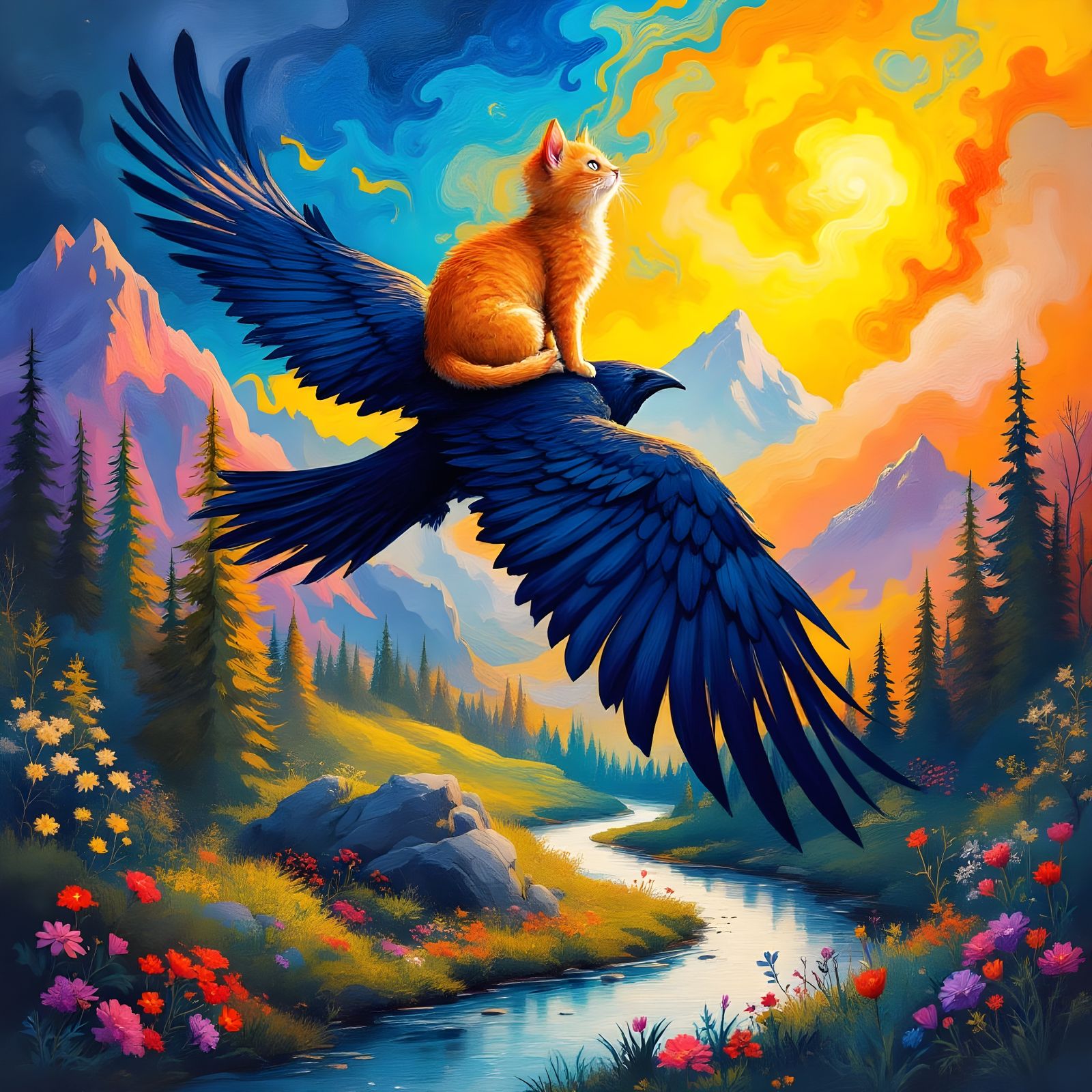 Vibrant Whimsy of Orange Kitten on Raven's Back