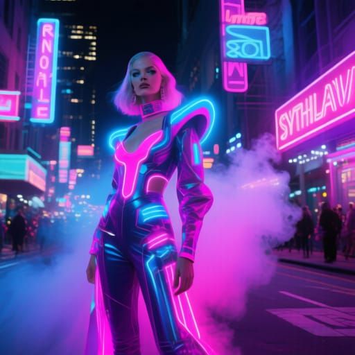 Futuristic Fashion Rebel in Neon Cityscape