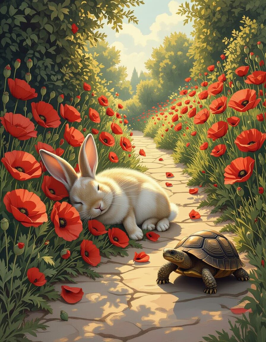 Sleeping Rabbit and Tortoise in Poppies