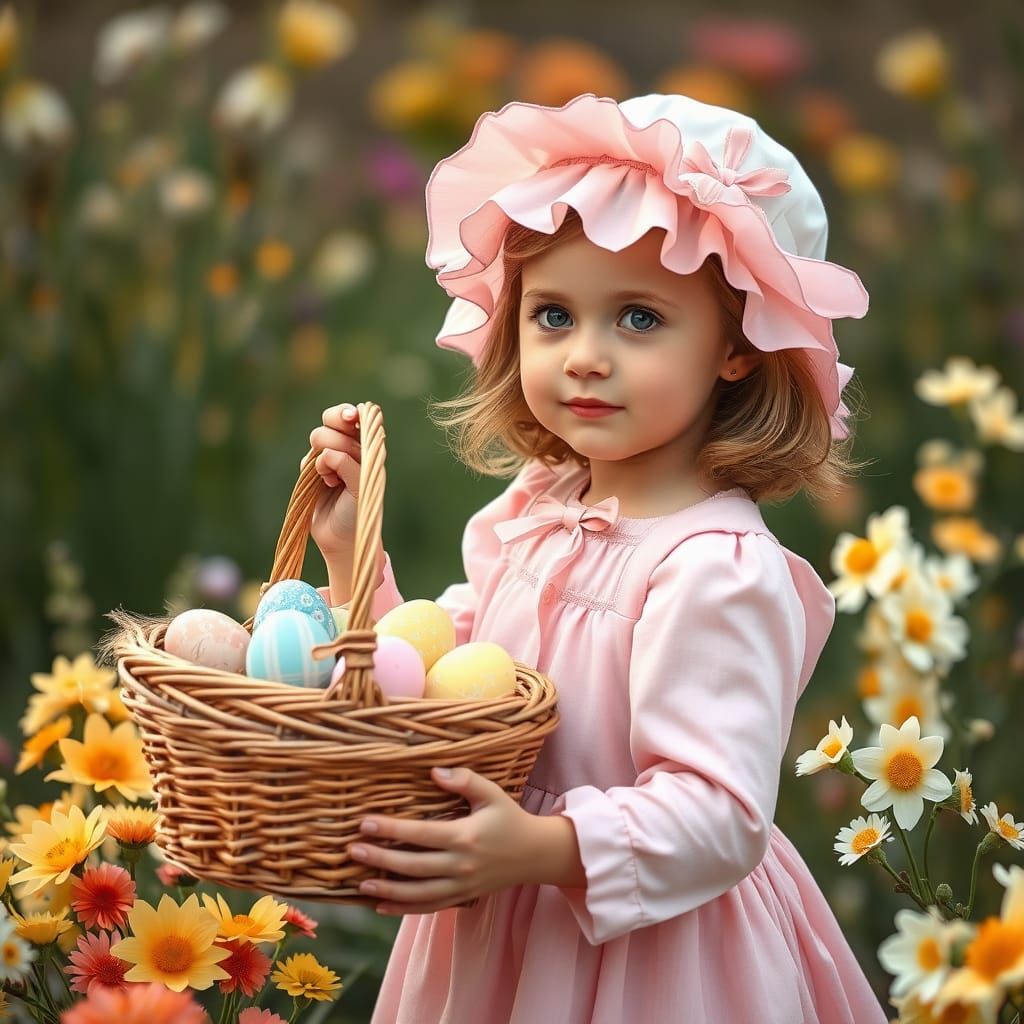 A Young Girl Surrounded by Spring Blooms and Easter Eggs