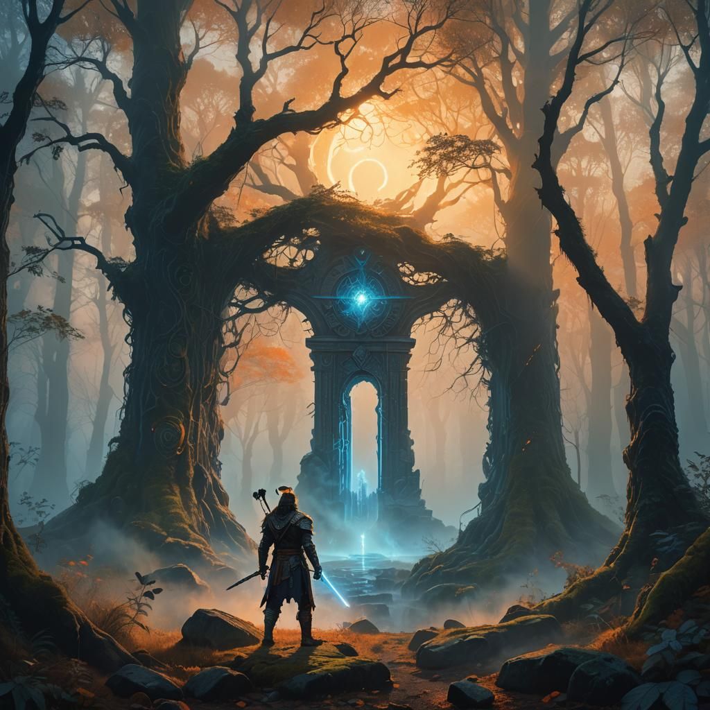 Mysterious Warrior at Forest Portal: Fantasy Art