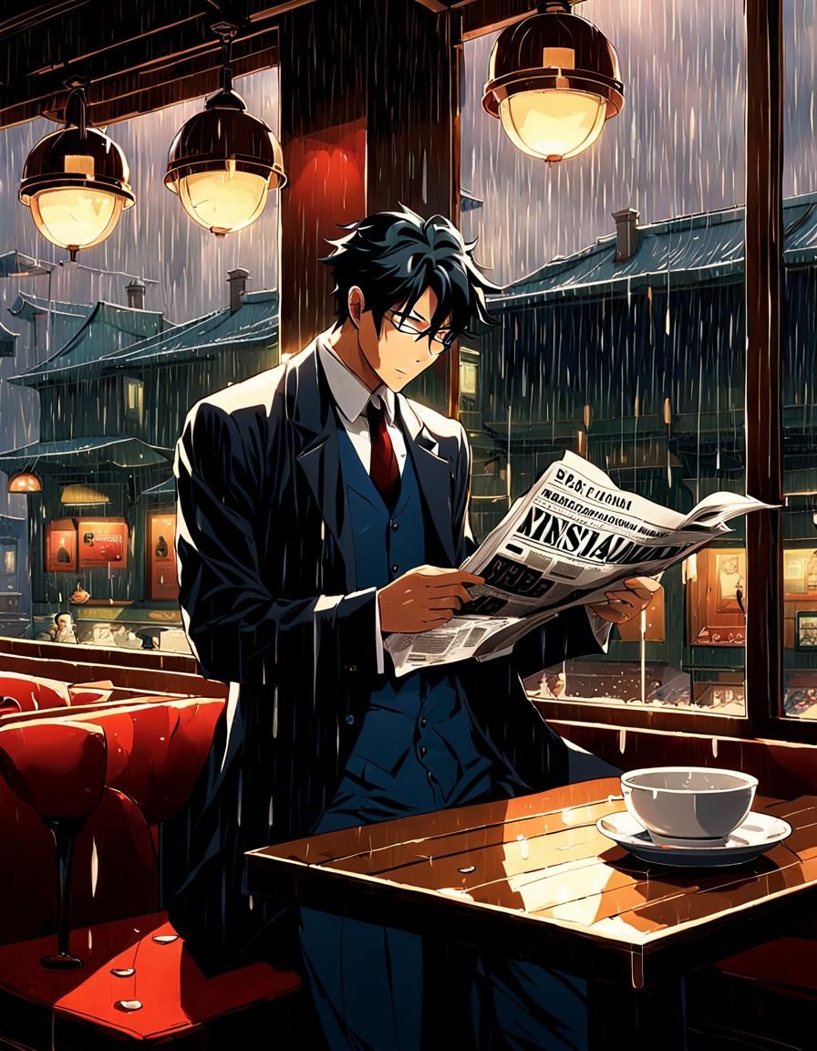 Anime Man Reads Newspaper on Rainy Day