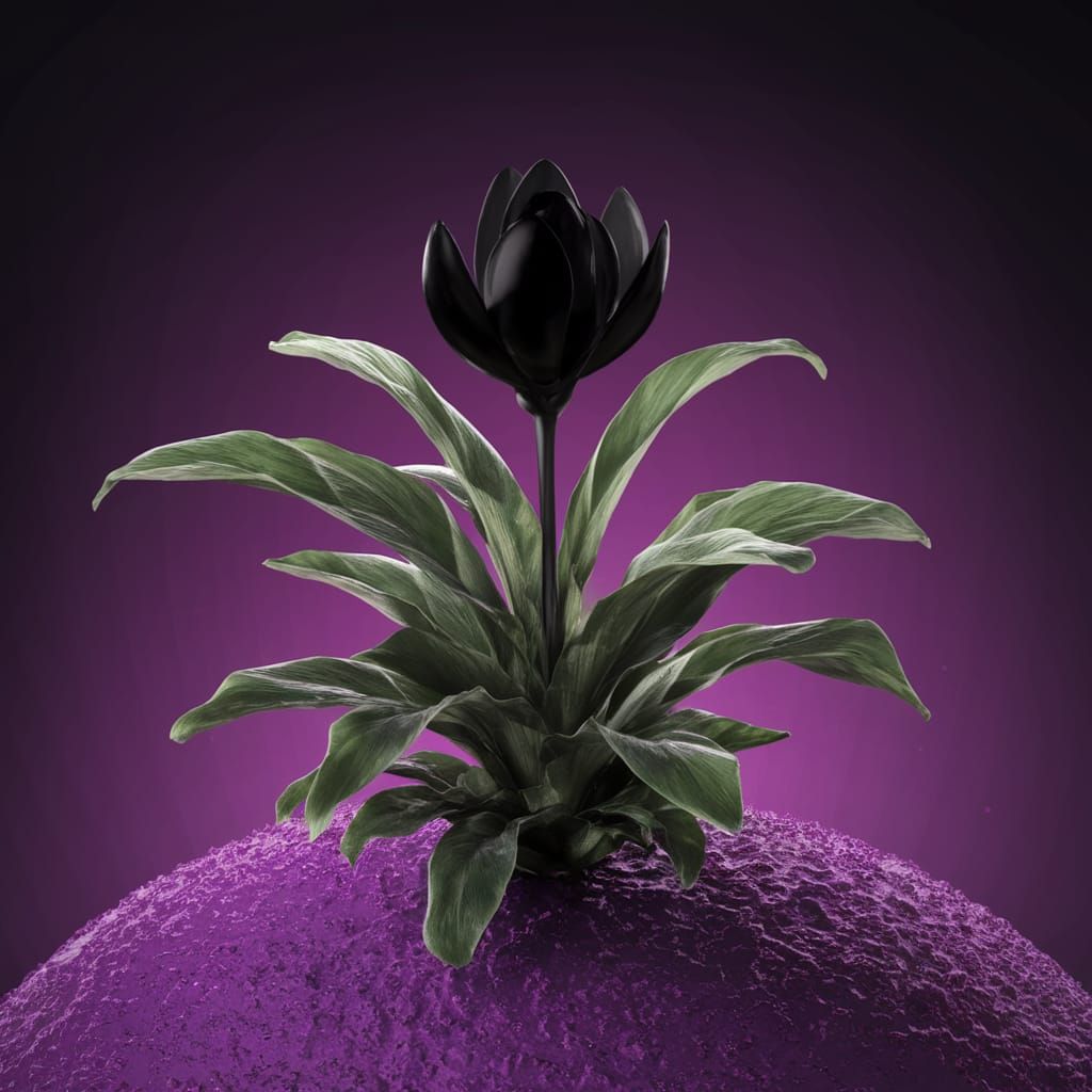 Mysterious Black Bloom in Dark Alien Landscape