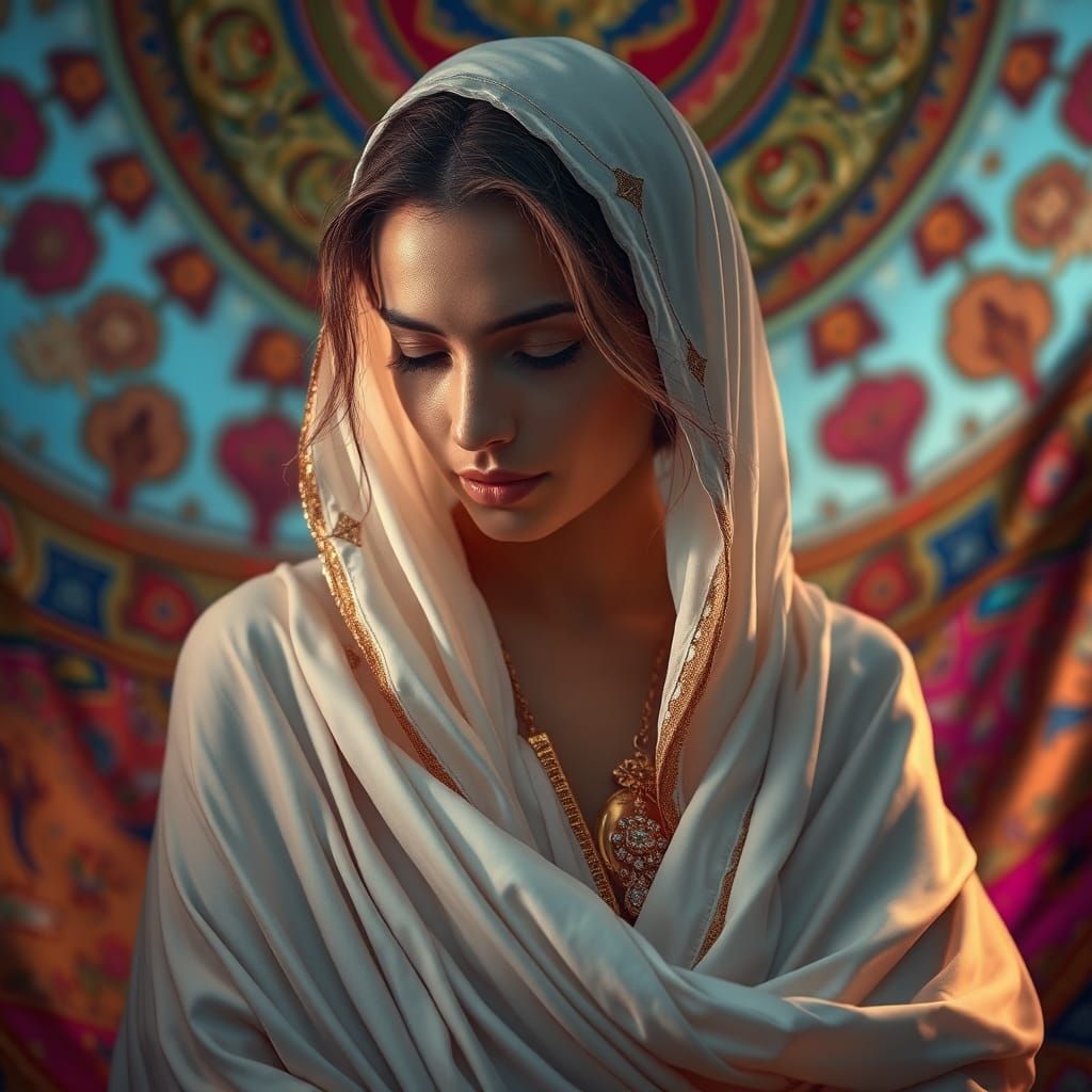 Elegant Woman in White Robes with Golden Accents