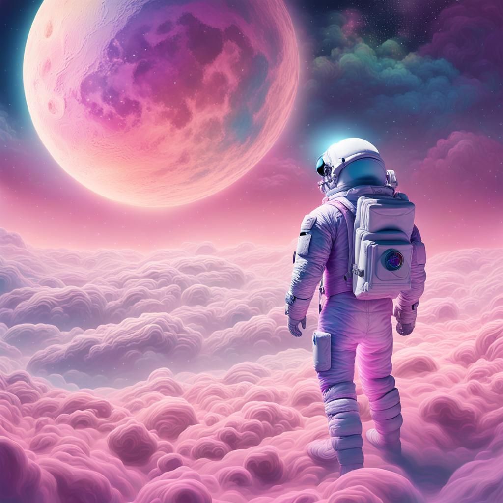 Astronaut in Pastel Surrealist Moon Landscape