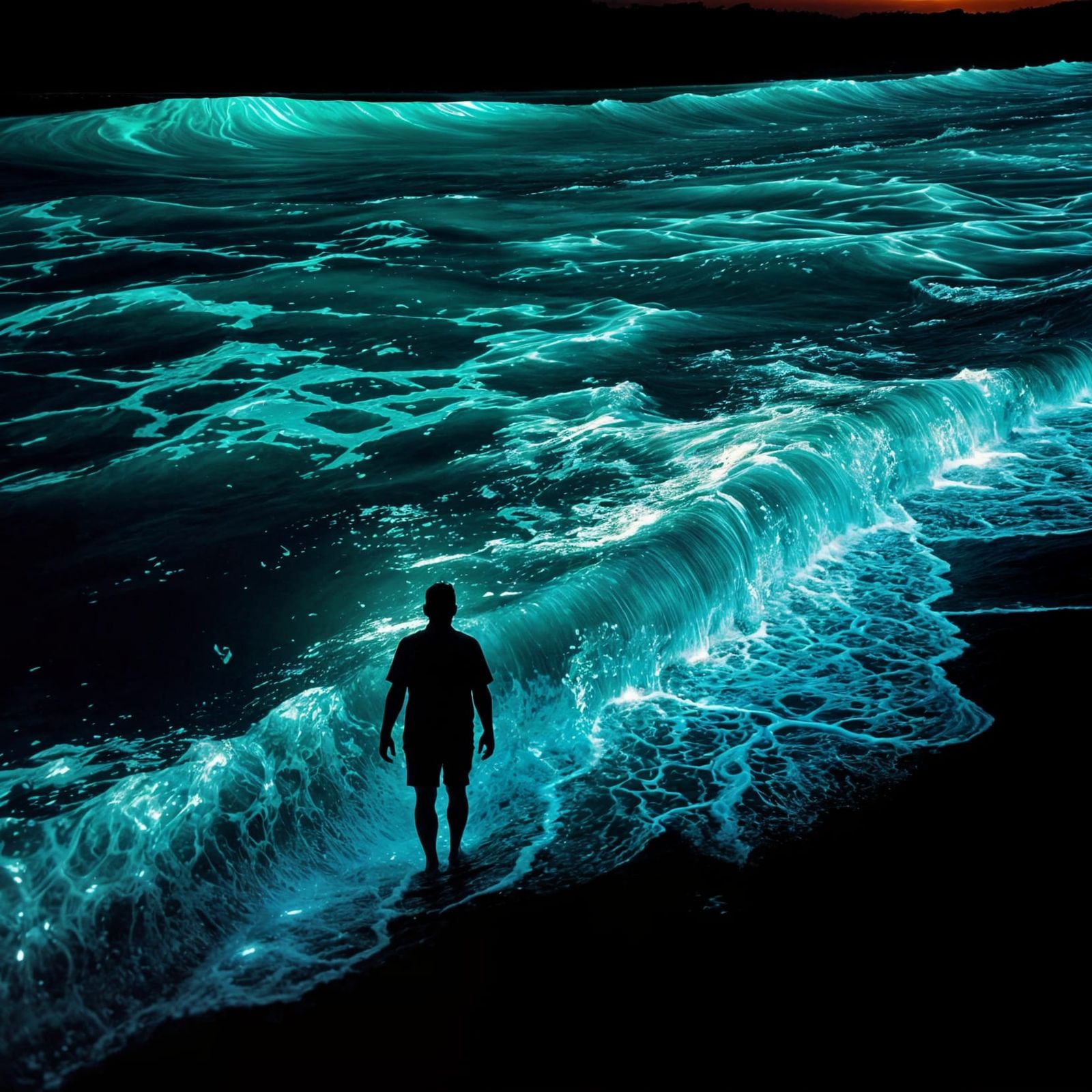 Bioluminescent Waves at Night, Hyperrealistic Image