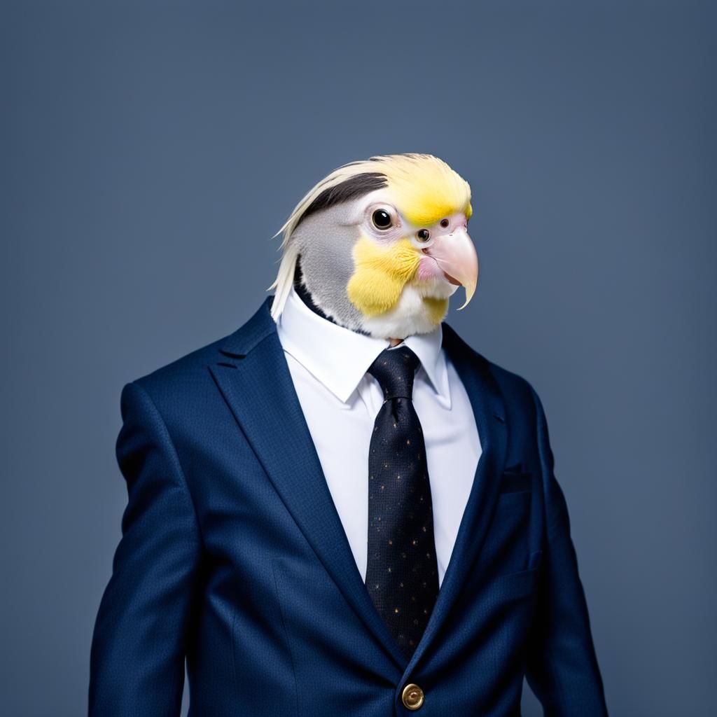 Cockatiel in Business Suit: A Humorous Portrait