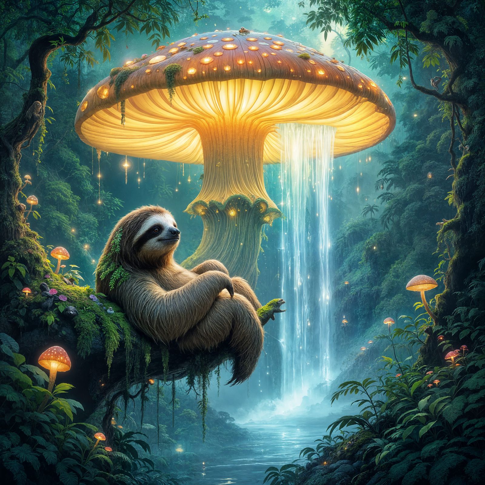 Ancient Sloth on Glowing Mushroom in Bioluminescent Rainfore...