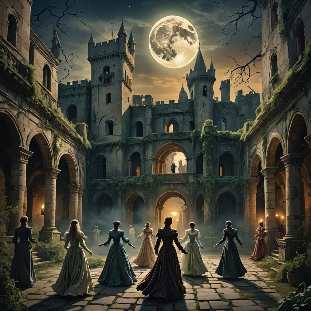 Phantom Dance: Spectral Ball in Ancient Castle Courtyard