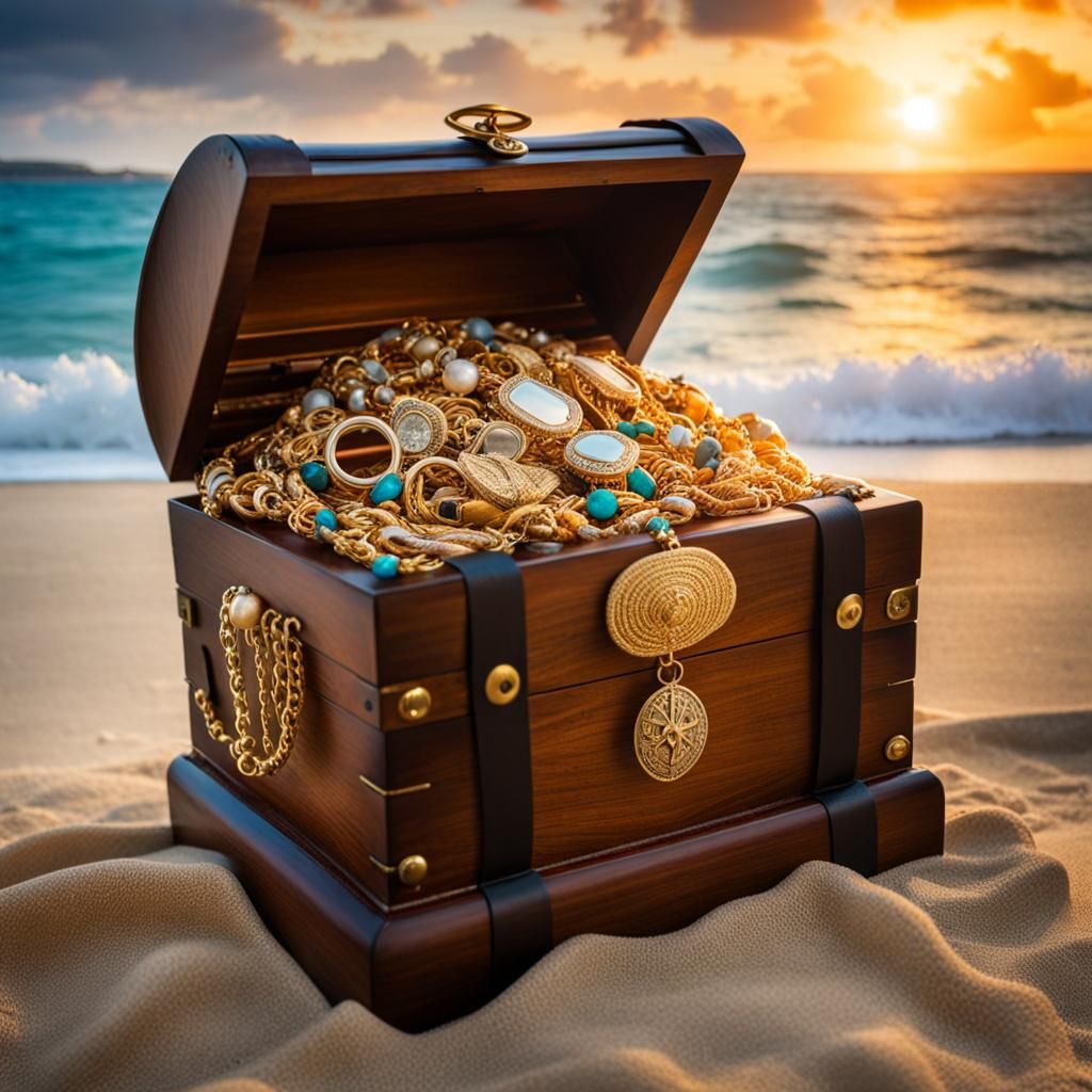 Pirate Treasure: A Jewel-Filled Chest on the Beach