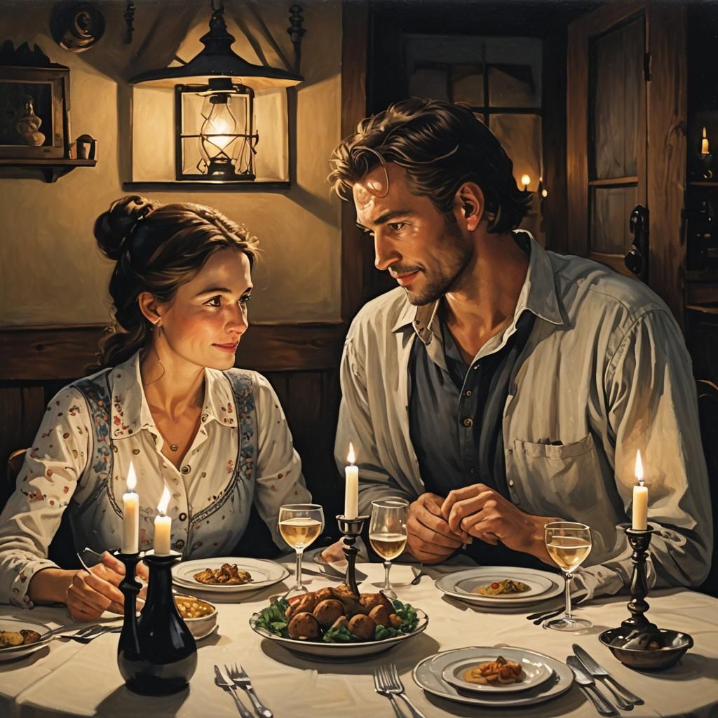 Romantic Candlelit Dinner in Folk Art Style