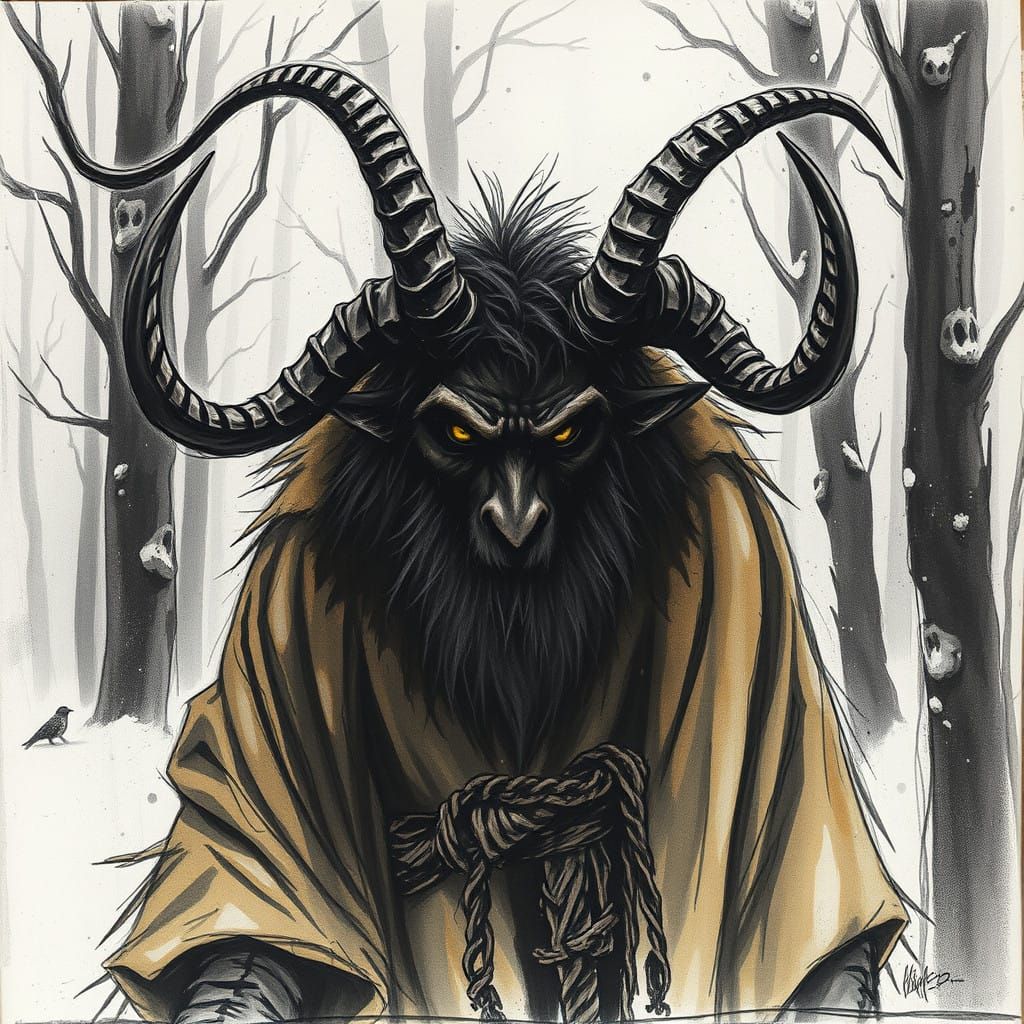 Dark Krampus Charcoal Portrait in a Haunting Snowy Forest
