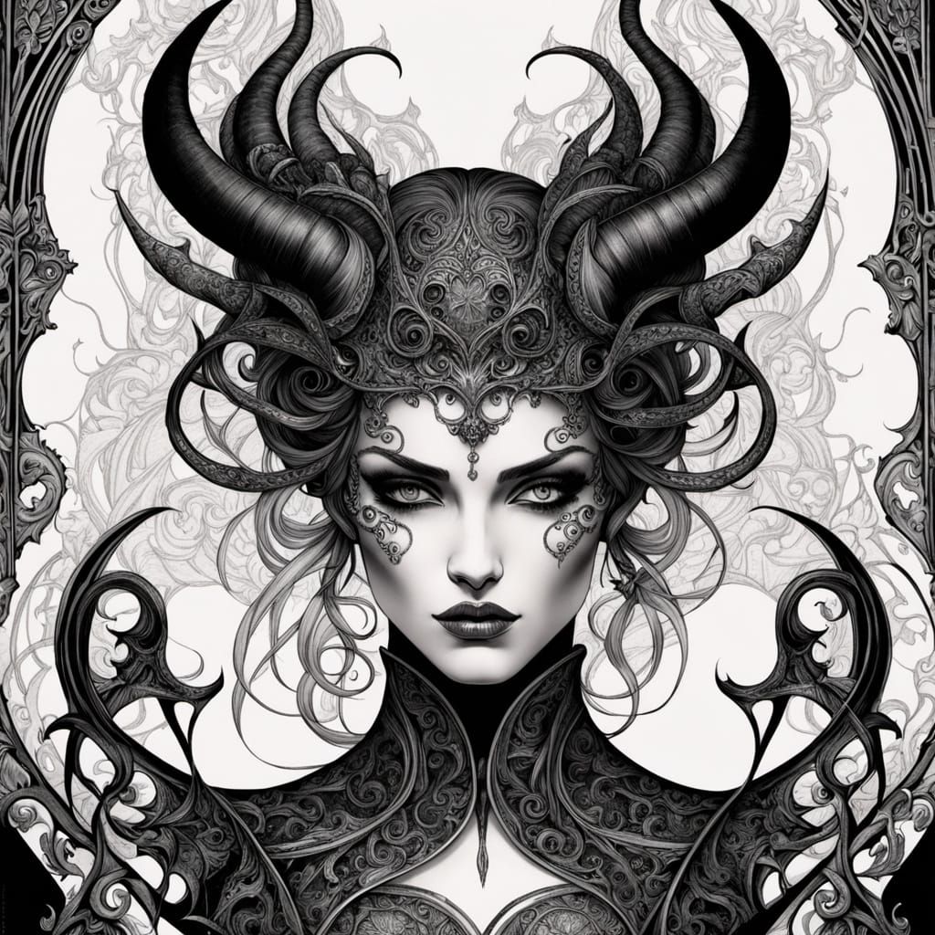 Art Nouveau Devil Woman Portrait in Da Vinci Sketch Style