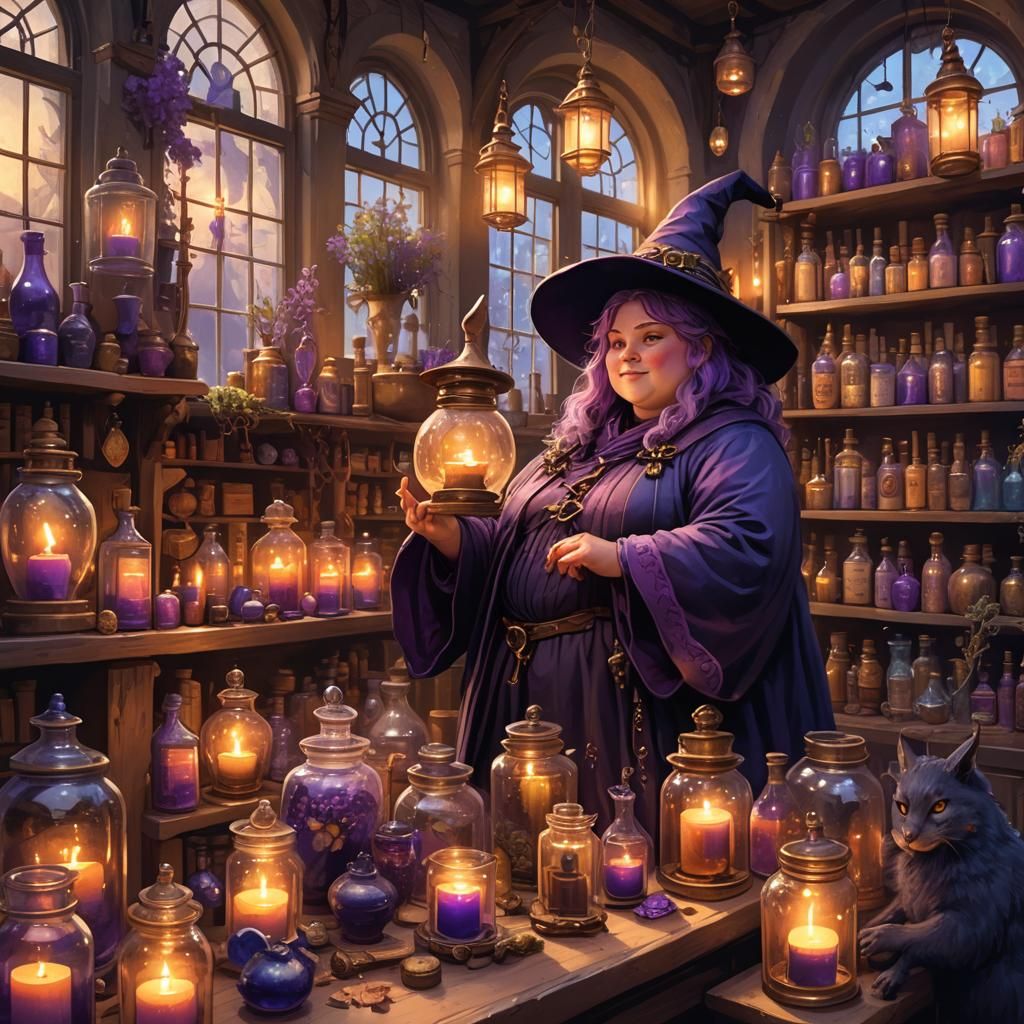 Chubby Purple Witch in Cozy Apothecary