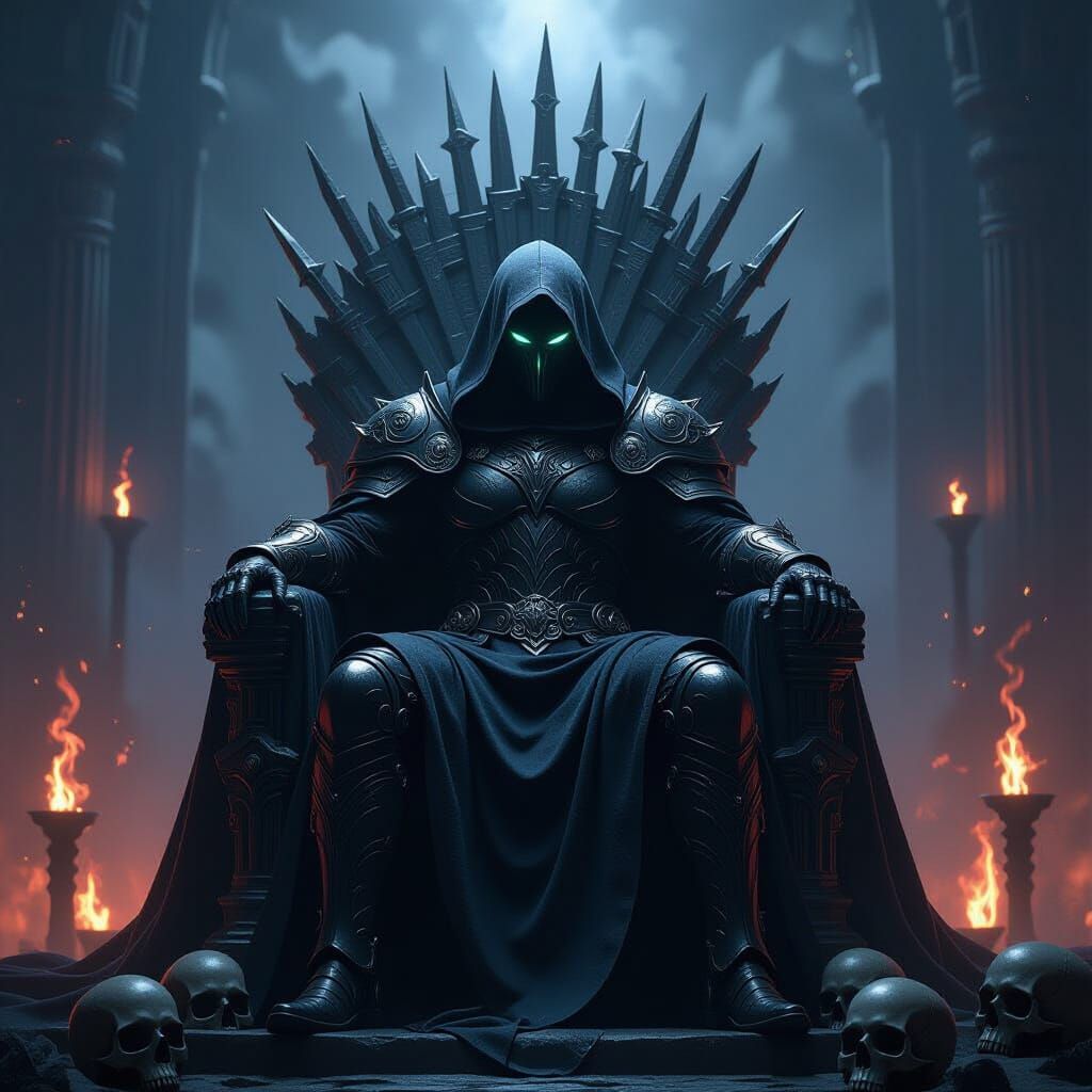Hooded King on Skull Throne in Epic Fantasy Digital Painting