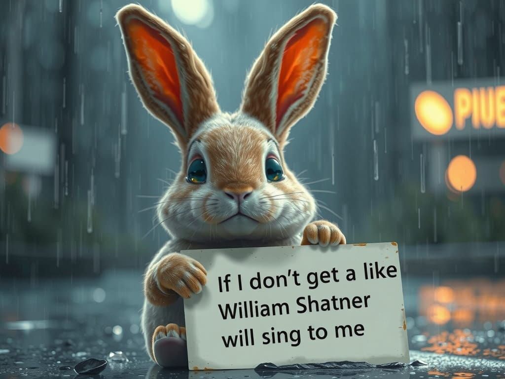 Sad Bunny in Rain Holds Warning Sign