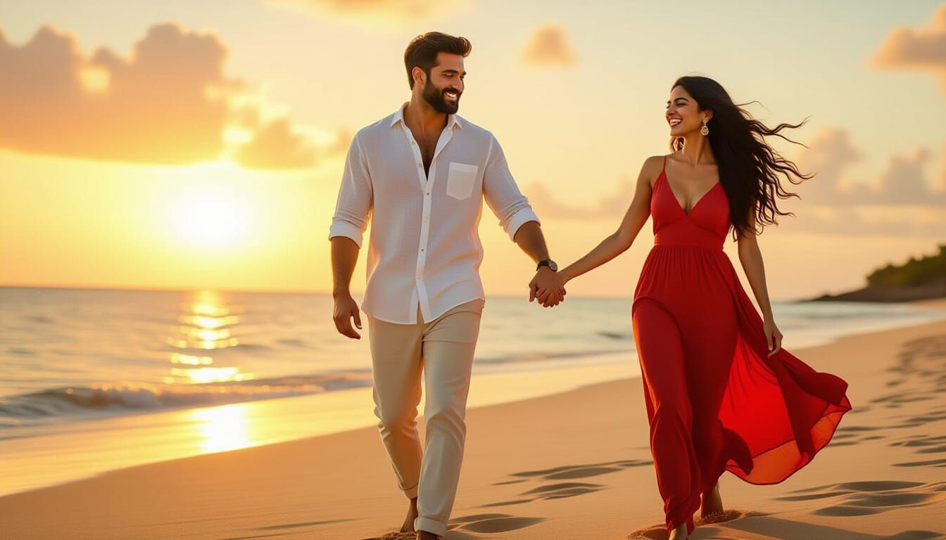 Luxury Beach Resort at Golden Sunset with Couple