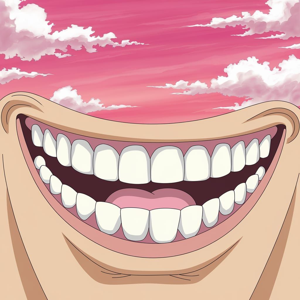 Anime Style: Huge Toothy Grin with Pink Sky