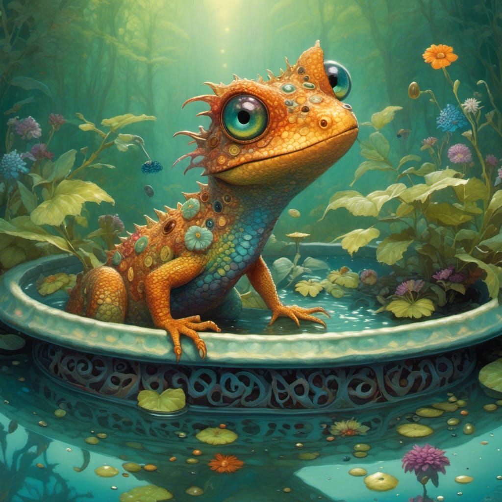 Lizard Creature Swims in Bird Bath