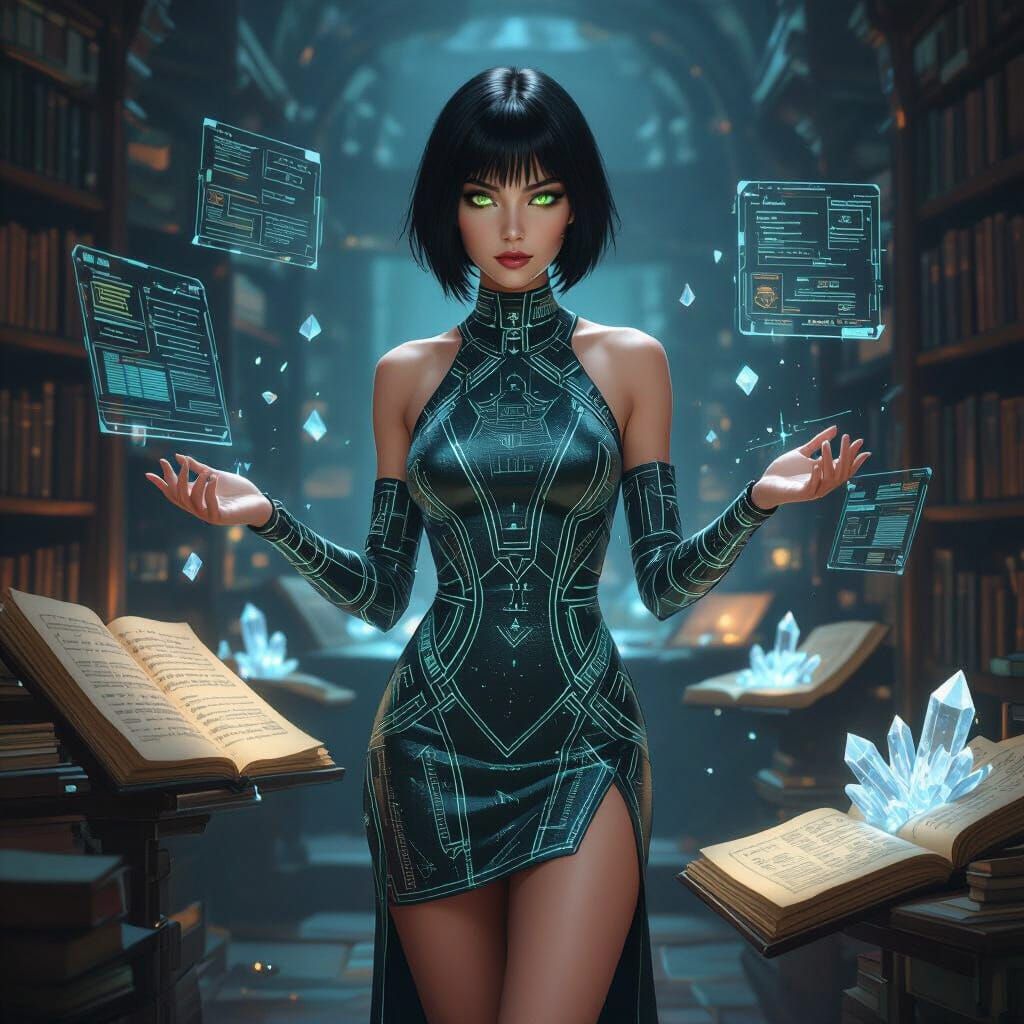 Techno-Magical Woman in Alien Library