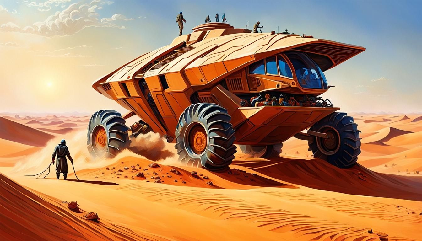 Dune Fremen Repairs Harvester: Oil Painting