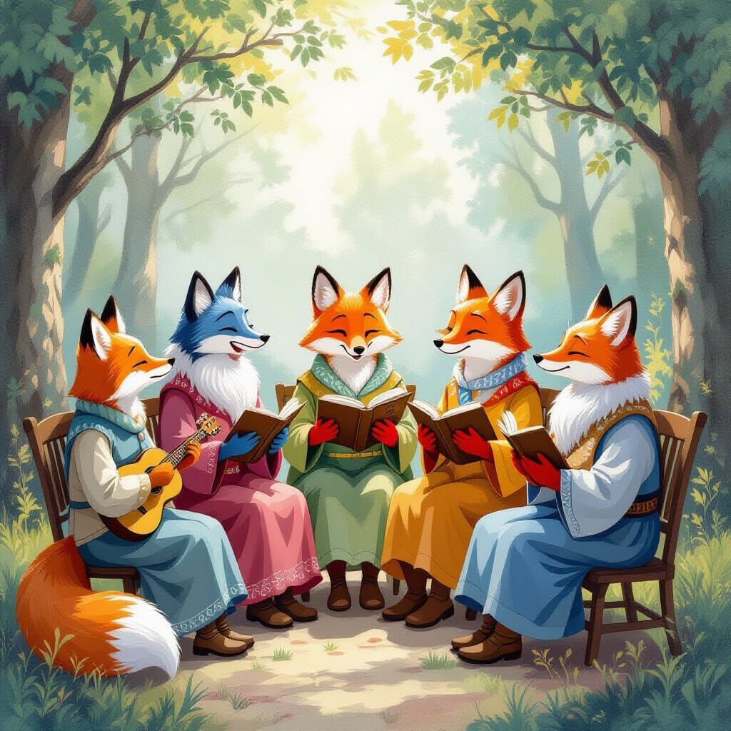 Fox People Singing a Beautiful Song in Gouache