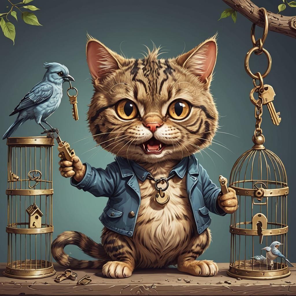 Cartoon Cat Unlocks Birdcage
