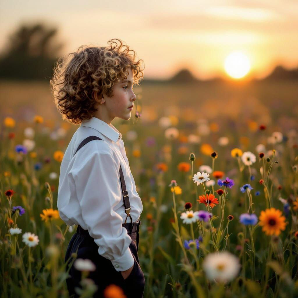 Boy in Wildflower Field: Impressionistic Portrait