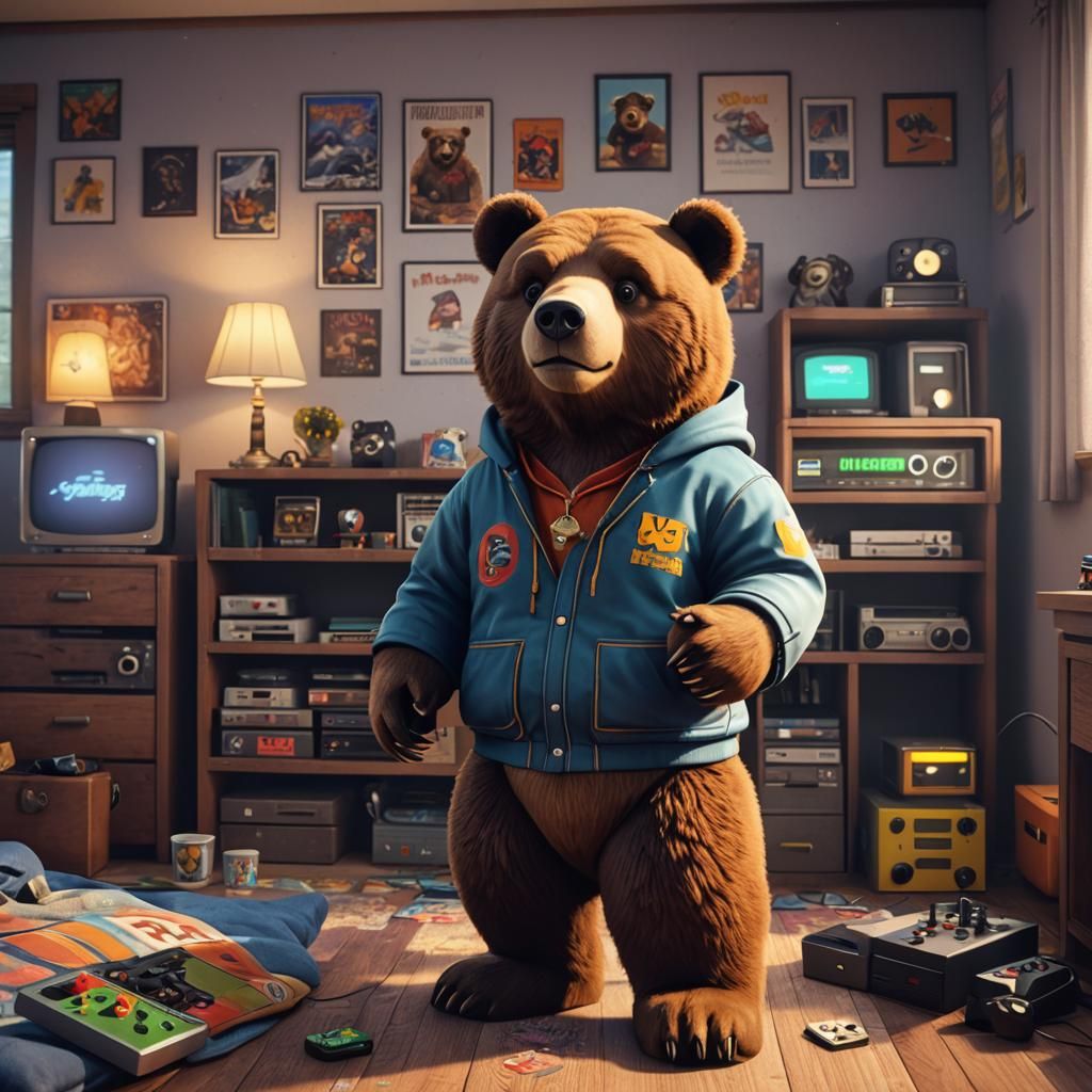 Bear Gamer in 90s Bedroom, 3D Render