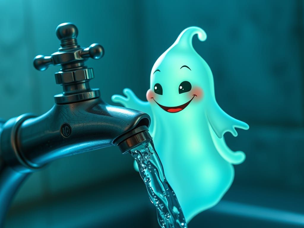 Whimsical Ghost Emerges from Tap in Dreamlike Setting