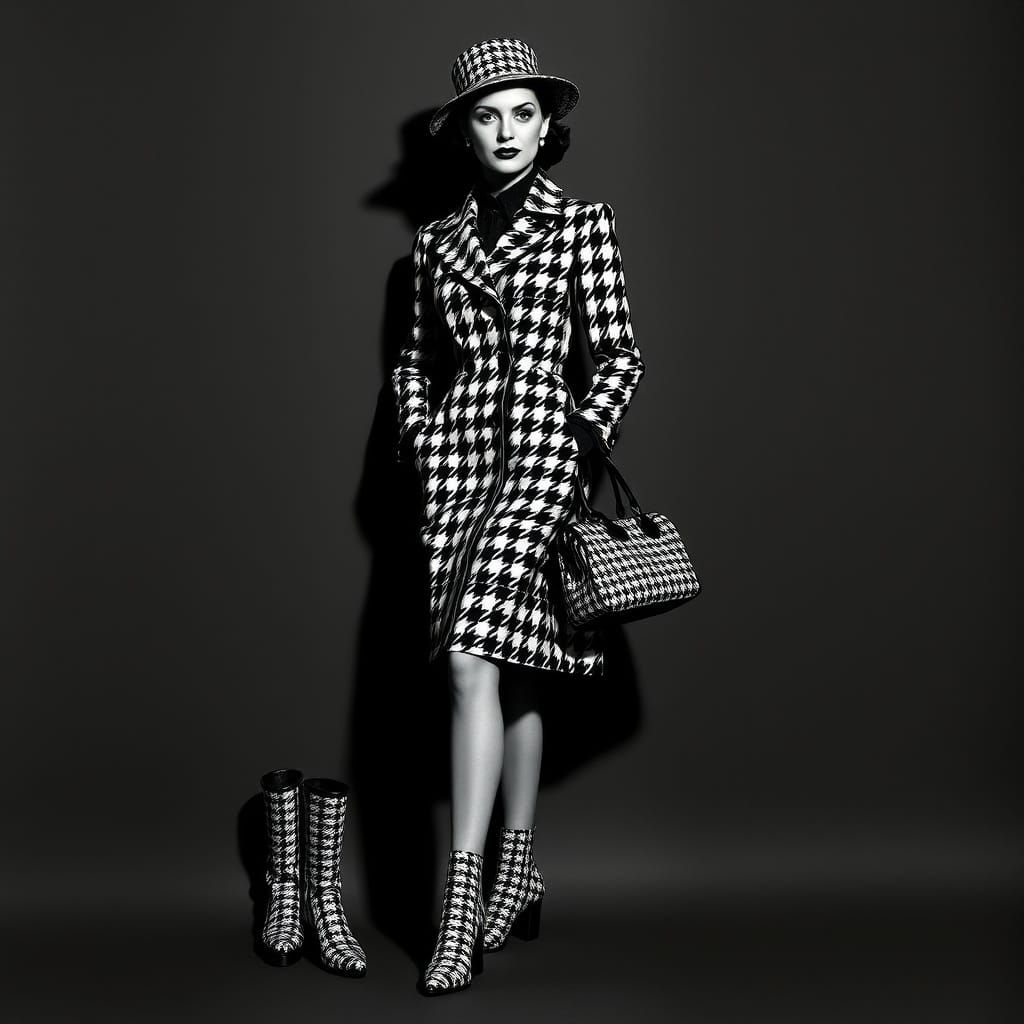 Sophisticated Woman in Houndstooth Ensemble, Classic Fashion...