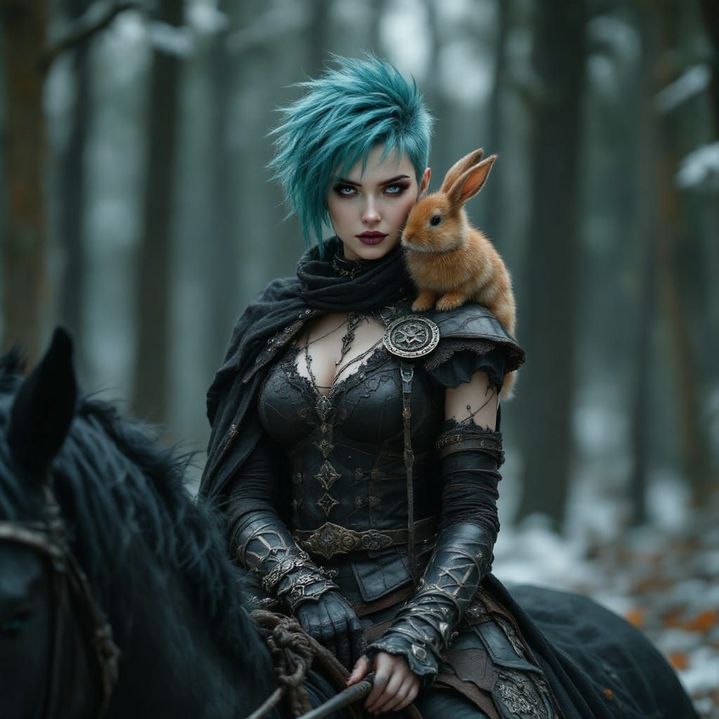 Gothic Warrior with Bunny on Black Horse