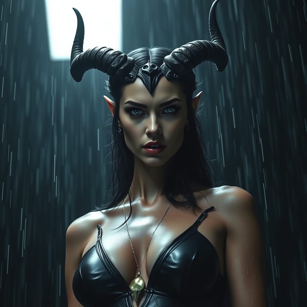 Hyperrealistic Lilith in Rain: Dark Fantasy Art