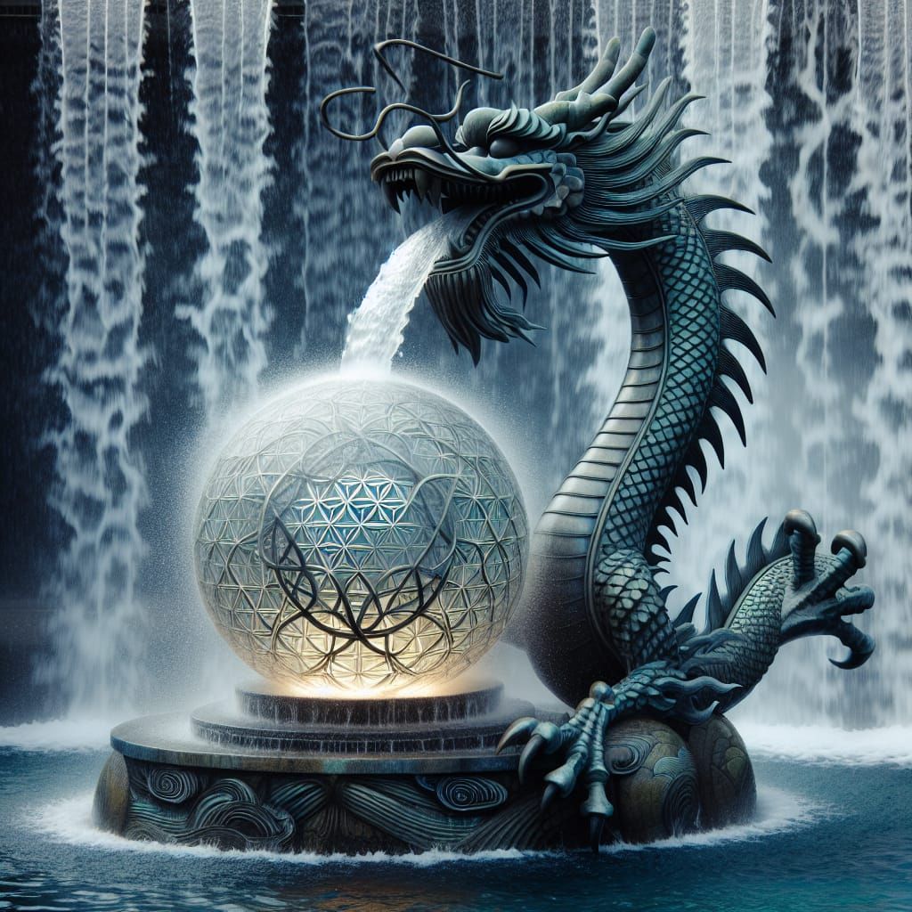 Japanese-Inspired Dragon Fountain with Glowing Orb