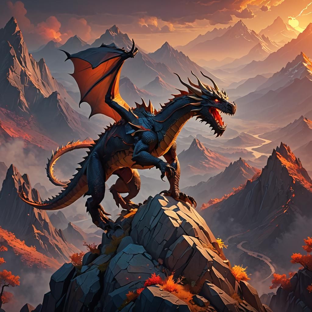 Low-Poly Dragon on Misty Mountain Ridge
