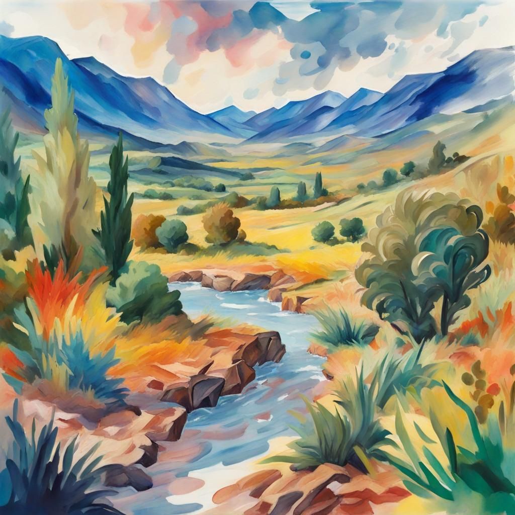 Dynamic Landscape in Gouache and Watercolor Style
