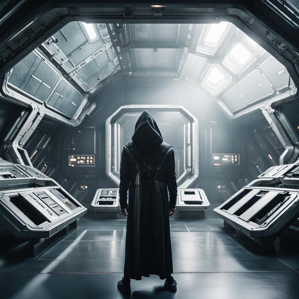 Sci-Fi Space Station with Hooded Figure