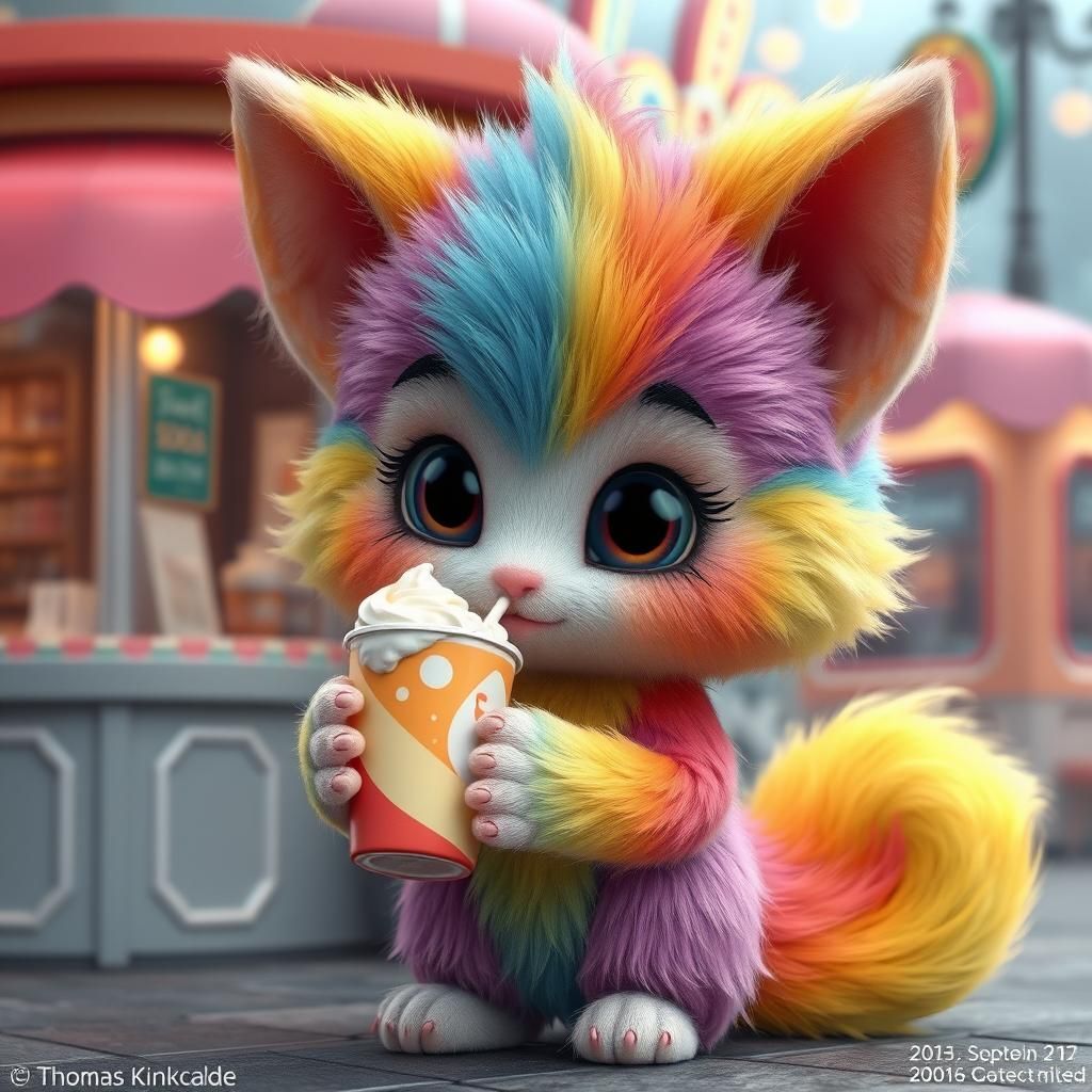 Rainbow Furry Character Drinks Soda, 3D Render