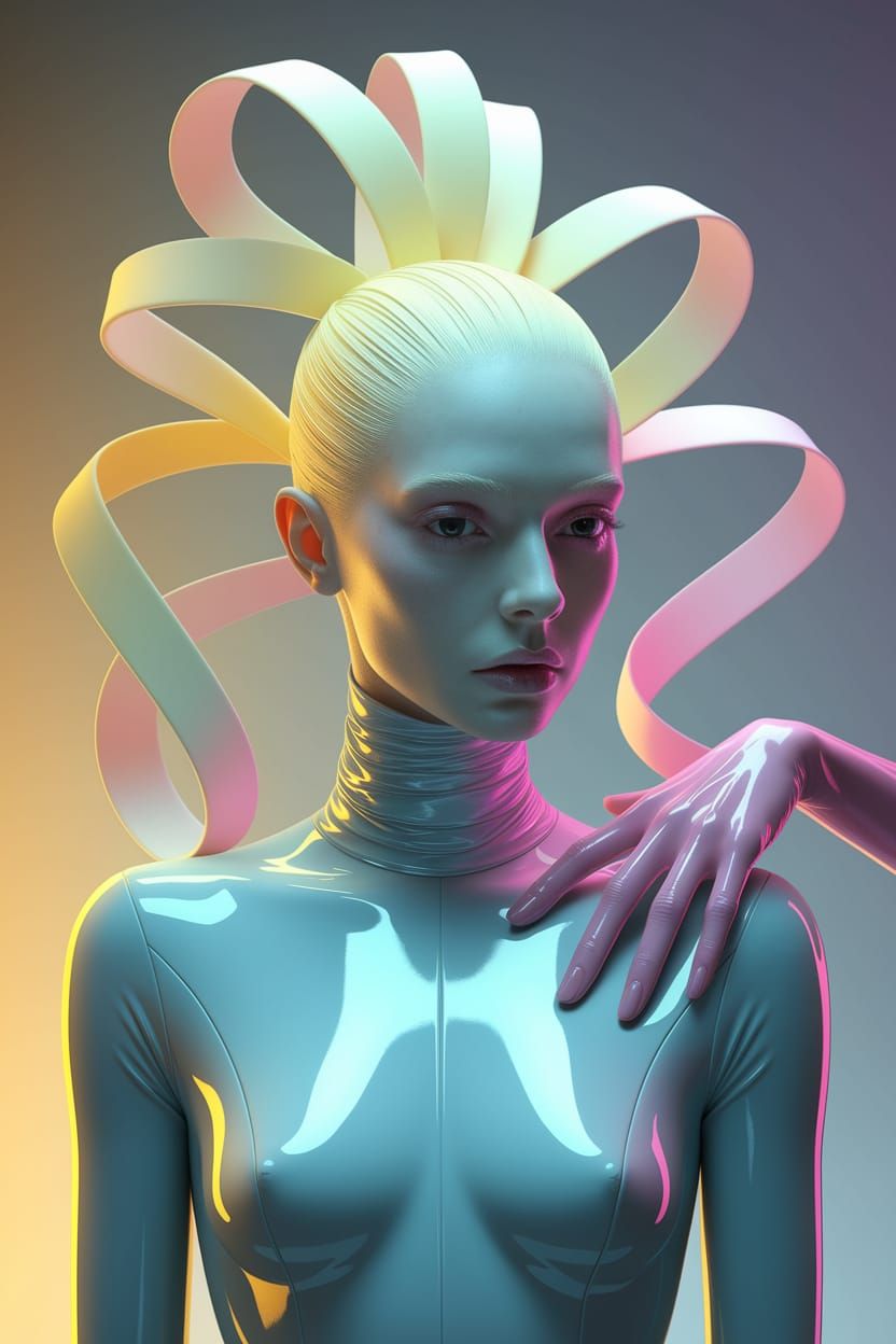 Surreal Futuristic Portrait with Flowing Ribbon Hair