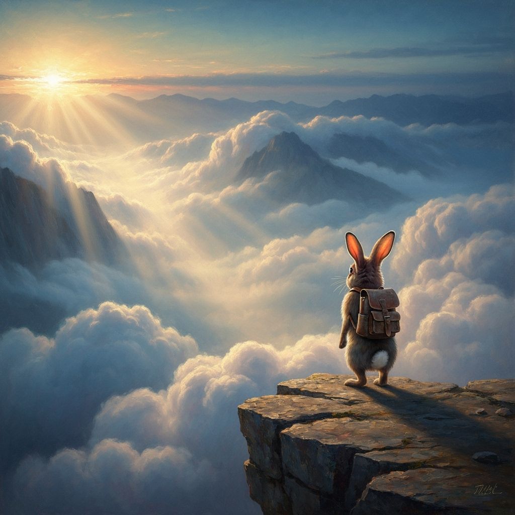 Rabbit Over Dawn Clouds in Sublime Oil Painting Style