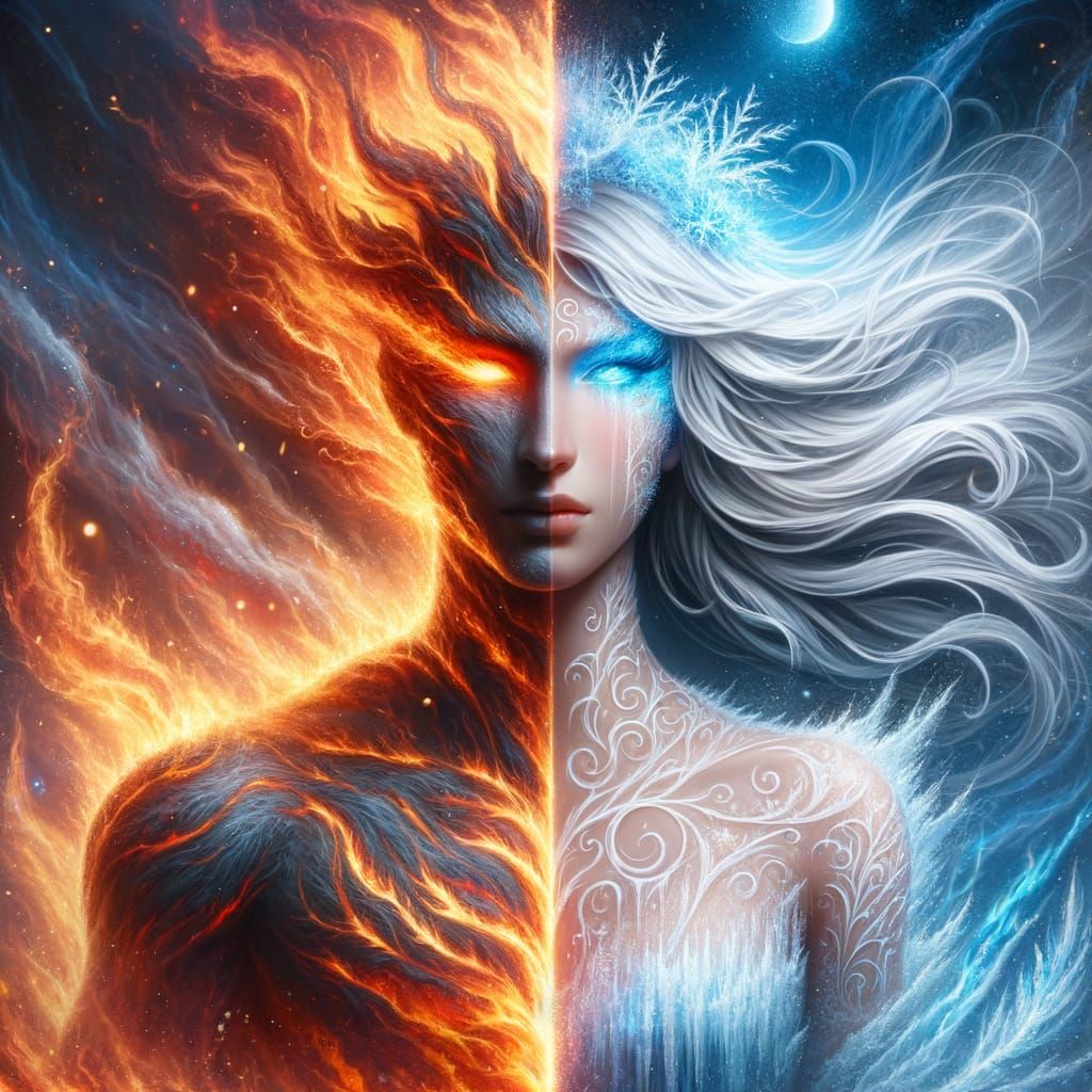 Epic Fantasy Art: Fire and Ice Duality Embodied in One Figur...